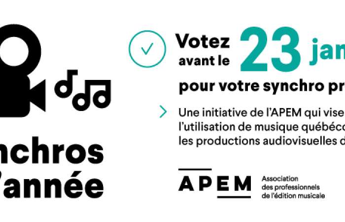 Votez pour votre SYNCHRO DE L’ANNÉE  de l’Association des professionnels de l’édition musicale